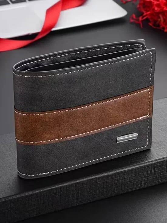 Menโs Bifold Wallet Black Brown Stripe Slim RFID Card Holder - Picture 3 of 8